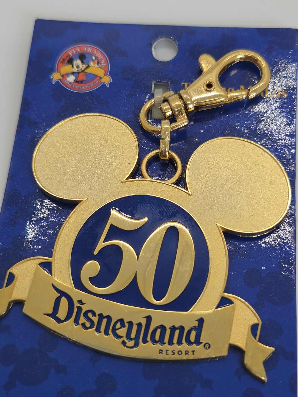 VTG Disneyland 50th Anniversary Mickey Mouse Gold Keychain Lanyard Medal Charm